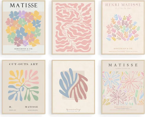 Vista 20 de KBKBART Matisse - Impresiones artísticas para pared, póster abstracto de arte de pared de Matisse, negro y beige, línea de cuerpo para mujer, hojas
