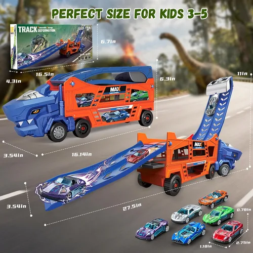 Vista 2 de Juguetes de Camión de Dinosaurios para Niños de 3-5 - Camión Transportador con 6 Autos de Juguete Fundidos a Presión, Camión 3 en 1 con 2 Pistas