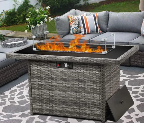 Vista 10 de LayinSun Mesa para fogata de gas propano de 44 pulgadas, 55000 BTU rectangular con protector de viento de vidrio para patio exterior, terraza