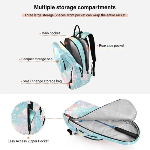 Vista 5 de Mochila de pelota de raqueta de tenis, linda y resistente, color azul y rosa, para astrología, pickleball, bolsa de gimnasio para hombres y mujeres