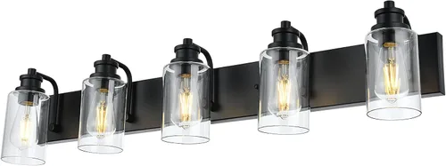 Vista 9 de Lámpara de baño vintage de 3 cabezales en acabado negro mate, pantalla de vidrio transparente clásica, iluminación de baño sobre espejo, lámpara