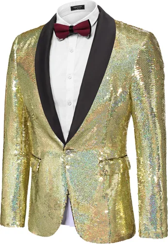 Vista 2 de COOFANDY Chaqueta de lentejuelas brillantes para hombre, esmoquin, fiesta, cena, baile de graduación, traje de un botón
