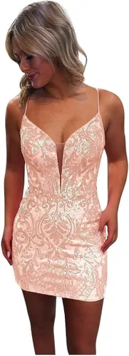 Vista 4 de Zoghoo Vestidos de fiesta de lentejuelas 2024 para adolescentes, vestido corto ajustado de graduación, tirantes delgados, vestido de cóctel brillante