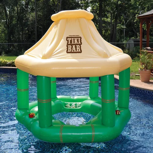 Vista 2 de 7.5' crema y verde tropical piscina inflable flotante Tiki Bar