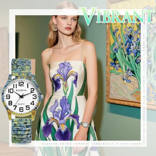 Vista 7 de Lancardo Reloj de banda elástica bohemia: cuarzo grande y fácil de leer con esfera de números árabes correa de pintura de iris para hombres