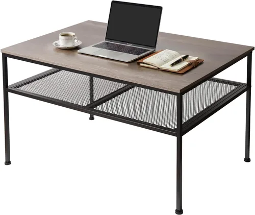 Vista 11 de SENIG Mesa de café pequeña rectangular marrón de madera y metal con estante de almacenamiento para salas de estar pequeñas
