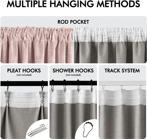 Vista 5 de MIULEE Cortinas de lino 100% opacas de color rosa bebé de 84 pulgadas, juego de 2 paneles de doble cara sin revestimiento, con trabillas traseras