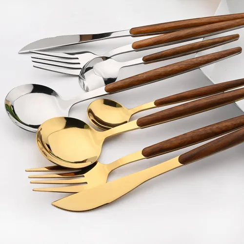 Vista 7 de Juego de cubiertos de 24 piezas de mango de madera, juego de cubiertos de acero inoxidable de madera, cuchillo de cena, tenedor, cucharadita