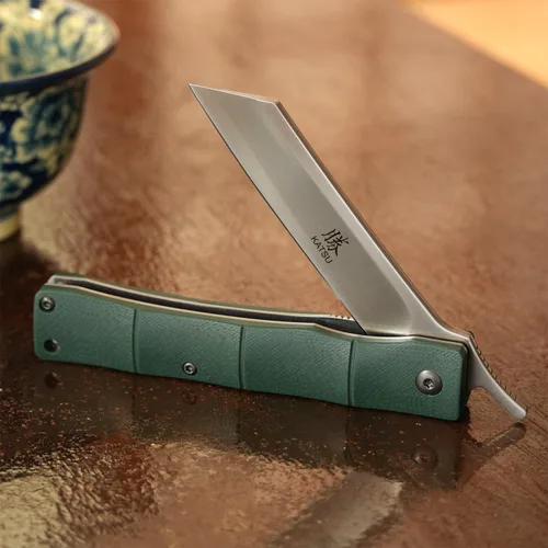 Vista 2 de KATSU, cuchilla de acero D2 hecha a mano, mango G10, estilo japonés, navaja de bolsillo plegable con clip