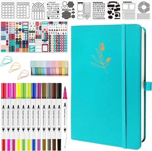 Vista 9 de Y&I - Kit de diario de viñetas punteadas de tapa dura A5 con 184 páginas numeradas, papel grueso de 120GSM, plantillas, calcomanías, bolígrafos