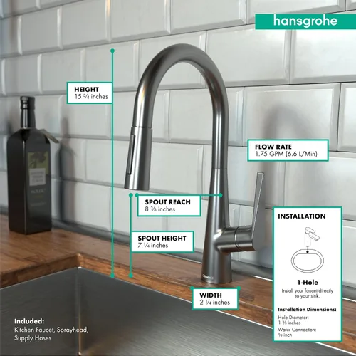 Vista 4 de hansgrohe Talis S 72813341 - Grifo de cocina de arco alto, grifo para fregadero de cocina, cabezal rociador de acoplamiento magnético, cromo negro