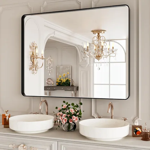 Vista 8 de Espejo de Baño Negro de 22 x 30 Pulgadas, Espejo de Pared Rectangular para Baño, Espejo con Esquinas Redondeadas y Marco de Metal Negro Mate