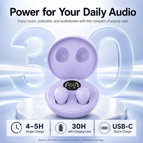Vista 8 de Auriculares Bluetooth invisibles para orejas pequeñas, auriculares inalámbricos discretos, morado, funda de carga con pantalla LED inteligente
