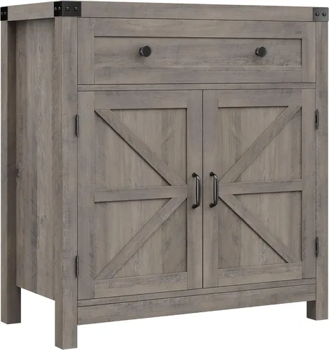 Vista 8 de HOSTACK Armario de almacenamiento de cocina, gabinete de barra de café de granja, gris ceniza Small Buffet Cabinet with Doors & Wide Drawer, Wood