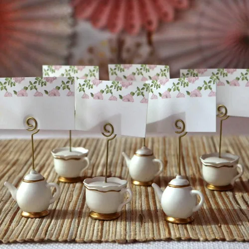 Vista 5 de Kate Aspen, portatarjetas de lugar, Tea Time Whimsy, tetera y taza de té, tarjetas de lugar incluidas, juego de 6