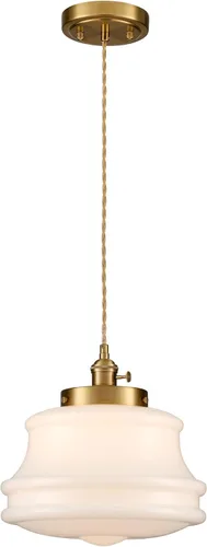 Vista 8 de Lámpara colgante de vidrio de leche industrial de 6 pulgadas, lámpara colgante de latón vintage ajustable, iluminación colgante retro de mediados