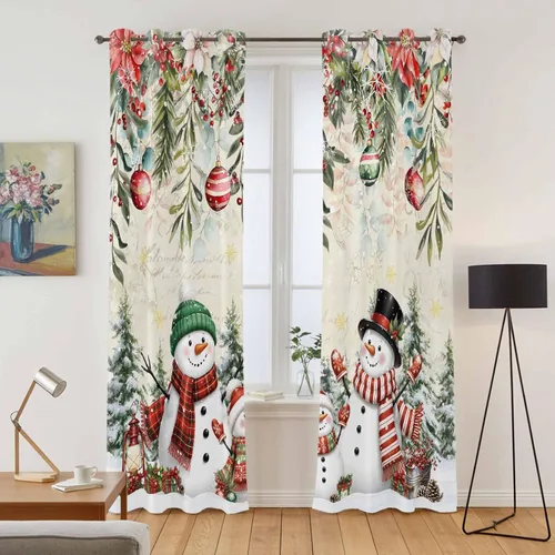 Vista 35 de Libaoge Cortinas de Navidad para cocina, dormitorio, juego de 2 paneles, diseño de muñeco de nieve de Navidad, cortinas de invierno con copos