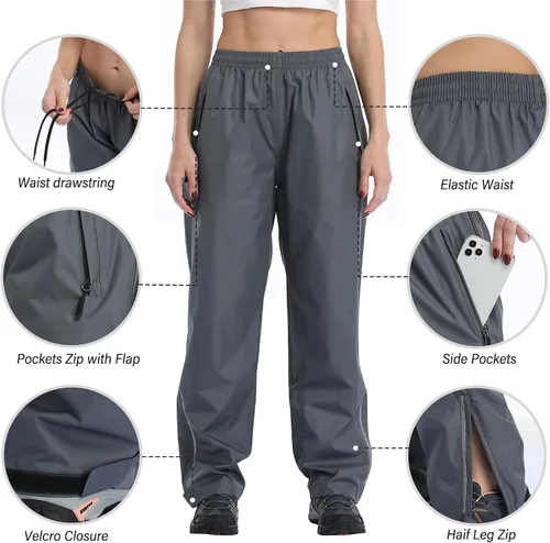 Vista 2 de Pantalones de lluvia para mujer, impermeables, ligeros, transpirables, senderismo, ciclismo, al aire libre, con bolsillo