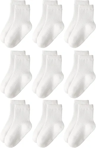 Vista 11 de HONGTEYA 9 pares de calcetines para niños pequeños, calcetines antideslizantes de algodón para bebés con agarres de 0 a 5 años
