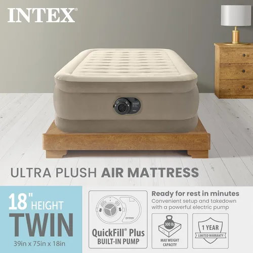 Vista 2 de Intex Dura-Beam - Colchón de aire de lujo ultra afelpado: Fiber-Tech, bomba eléctrica incorporada, altura de cama de 18 pulgadas, capacidad