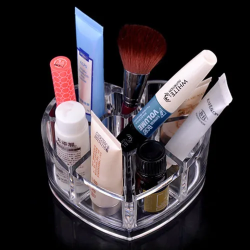 Vista 4 de Porta brochas de maquillaje y cosméticos de corazón acrílico transparente con 8 compartimentos