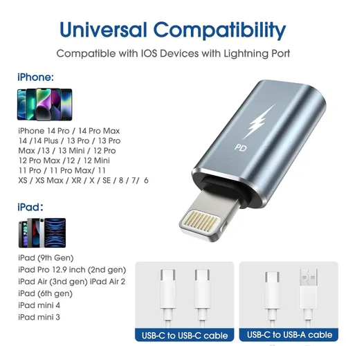 Vista 5 de TechMatte Adaptador USB C a Lightning, [paquete de 2] 27 W PD de carga rápida compatible con iPhone/iPad/iPod/AirPods, compatible con transferencia