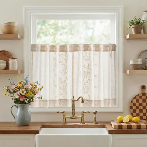 Vista 37 de jinchan Cortinas de lino floral beige para cocina, 24 pulgadas, 2 paneles A Beige