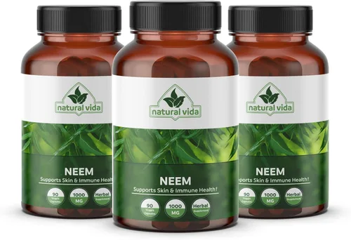 Vista 4 de Suplemento herbario Neem 1000mg - 90 cápsulas - Apoya la piel, la salud inmunológica y hepática, desintoxicación, cápsulas veganas, sin gluten (1)