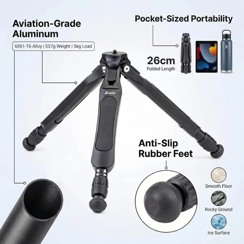 Vista 3 de Zeadio Trípode de cámara ajustable, trípode portátil de viaje de aluminio de mesa, altura ajustable de 3 etapas, capacidad de carga de 11.0 lbs