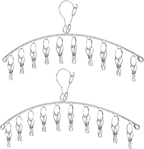 Vista 7 de Percha de secado de ropa de acero inoxidable fuerte con 10 pinzas para la ropa, ahorro de espacio para interiores, organizador de ropa, manoplas 10