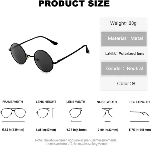 Vista 6 de Gafas de sol polarizadas redondas pequeñas para mujeres y hombres, gafas de negro/gris