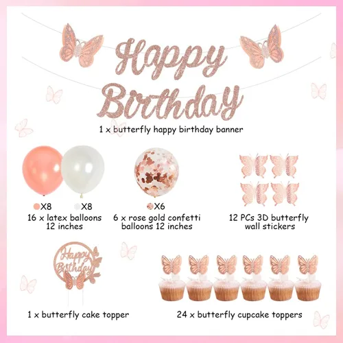 Vista 6 de Juego de decoraciones de mariposa de oro rosa, pancarta de feliz cumpleaños, decoración de pastel, calcomanías de pared 3D para suministros