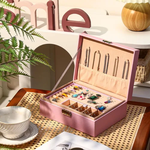 Vista 4 de Equsion Caja organizadora de joyas de 2 capas para mujeres y niñas, bandeja organizadora de joyas, forro de piel sintética, con cerradura, caja