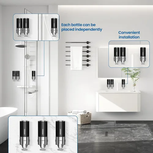 Vista 2 de Dispensador de champú y acondicionador, dispensadores para la ducha, dispensador de jabón de ducha de 3 cámaras sin taladro, dispensador de champú