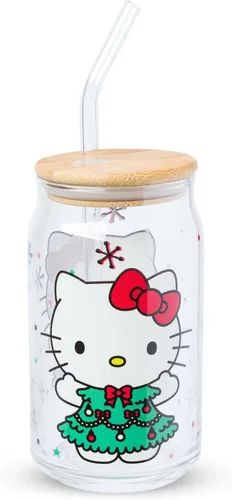 Vista 30 de Silver Buffalo Sanrio - Vaso de vidrio con tapa de bambú y sorbete de vidrio de fotos de Badtz-Maru, 16 onzas