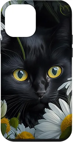 Vista 16 de iPhone 16 Black Cat with Daisies – Enchanting Floral Design Case