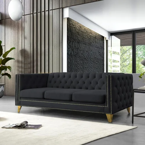 Vista 15 de Sofá de terciopelo de 3 plazas, cómodos sofás para sala de estar, sofá moderno con respaldo copetudo y decoración de remaches, sofá largo tapizado