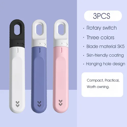 Vista 3 de 3 piezas de cortador de cajas pequeñas, cuchillo utilitario pequeño, mini cortador de caja rosa para mujeres que gira para retraer el abridor