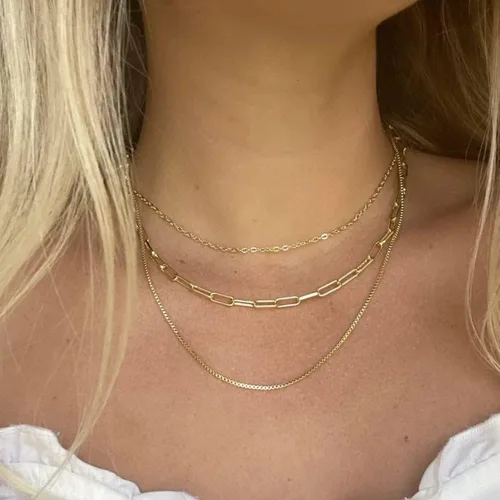 Vista 7 de Juego de collar de oro en capas para mujer, collar de espiga para mujer, delicado collar de cadena de serpiente plana en capas, gargantilla de oro