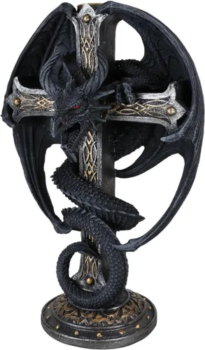 Vista 8 de Ebros Gift Fantasía medieval Bahamut Demon Guardian Altar Drake Dragón Enrollado En Celta Nudo Cruz Crucifijo Taper Candleholder Desktop Figurine