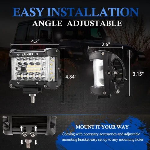 Vista 4 de BUNKER INDUST Kit de Arnés de Cableado para Cápsulas de Luz LED Side Shooter, 2 Piezas de Barra de Luz LED de 4" Spot Flood de 60W, Luz de Trabajo