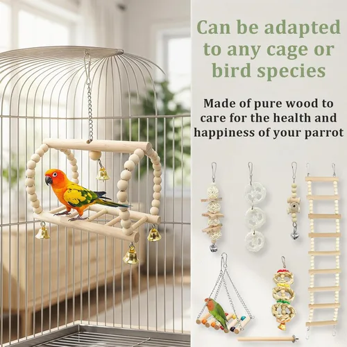 Vista 3 de Juego de juguetes de loros para pájaros, 8 unidades, madera natural, hamaca de perca con campana, accesorios de jaula para pájaros para periquitos