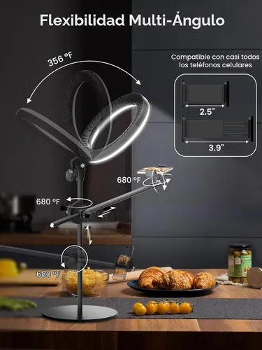 Vista 3 de Luz de anillo para selfie con soporte y soporte para teléfono, soporte de teléfono aéreo con luces de anillo de 10.5", luz circular de escritorio