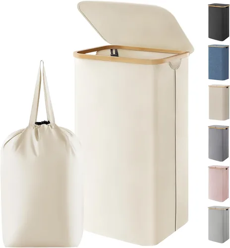 Vista 14 de Lifewit Cesta de lavandería de 80 litros con tapa, cestas de ropa para lavandería con asas de bambú y una bolsa de lavandería extraíble, cesta
