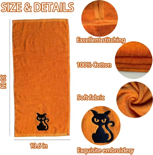 Vista 4 de Sarybei Juego de 2 toallas de baño para Halloween, toallas de mano de gato negro bordado de algodón puro y fantasma, toallas de baño ultra
