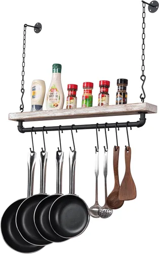 Vista 11 de MyGift Urban Industrial - Estante flotante de cocina de madera maciza quemada con soportes de metal negro para ollas y sartenes con 12 ganchos en S