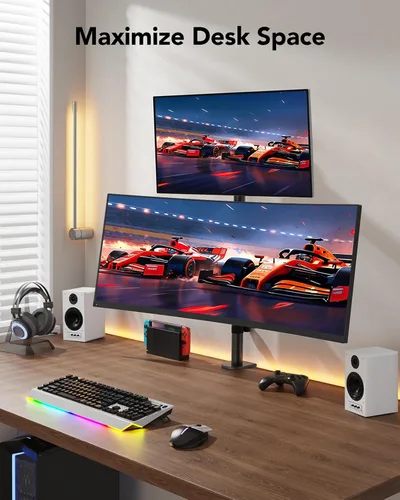 Vista 6 de HUANUO Soporte vertical para monitor doble, soporte de monitor apilado para 2 monitores con ajuste de altura, brazo de monitor de computadora