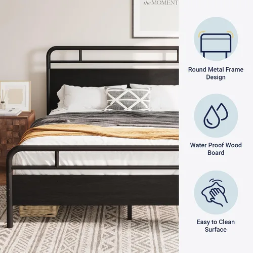Vista 4 de Allewie Base de cama de plataforma de tamaño completo con cabecera y pie de cama de madera, soporte de 13 listones de metal resistente