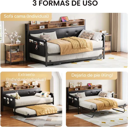 Vista 6 de LIKIMIO Sofá cama con nido, marco de cama individual, color negro oscuro