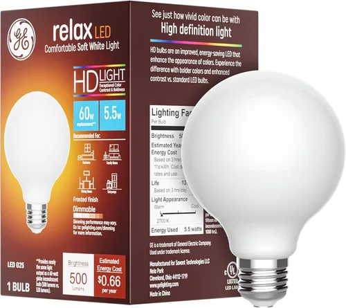 Vista 10 de GE Relax HD G25 LED Light Bulbs, Matte Finish, 40 Watt Replacement, Soft White (2 Pack)
